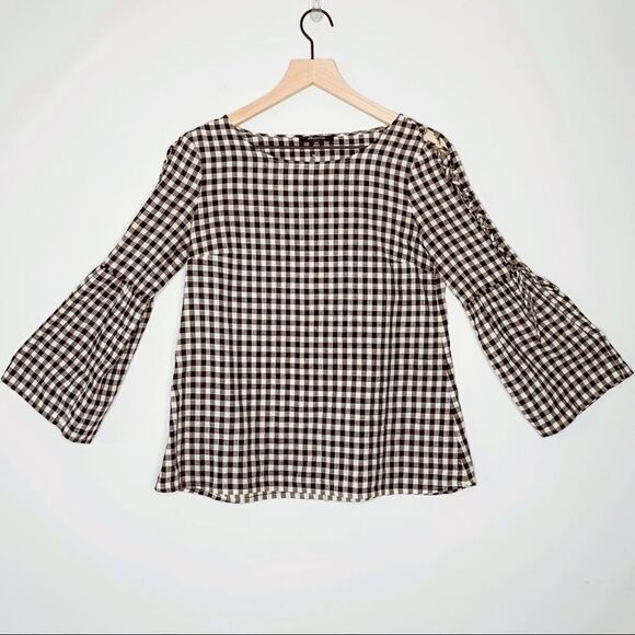 Madewell Gingham Lace-Up Bell-Sleeve Top - Picture 2 of 6
